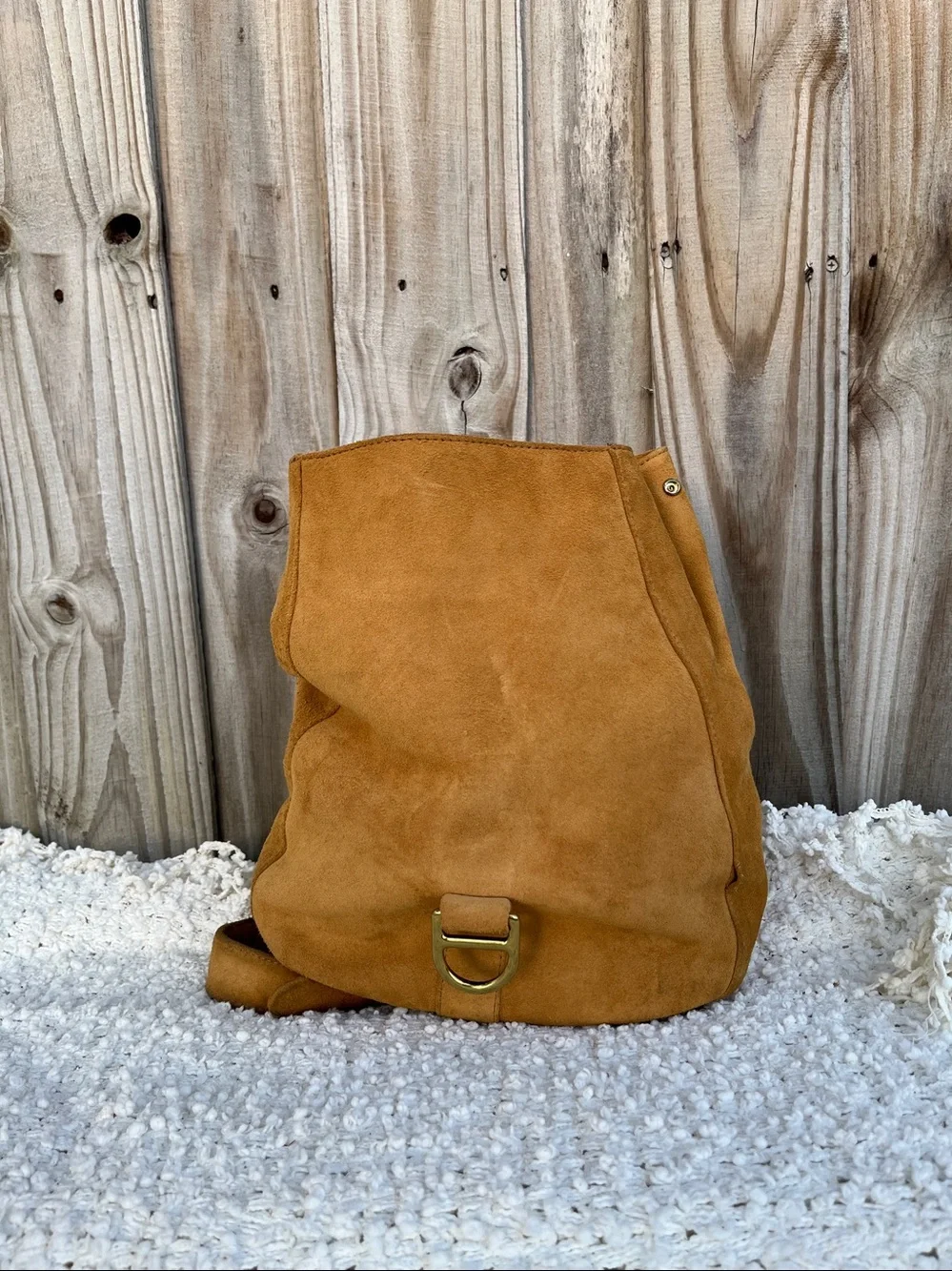 DKNY Suede Drawstring Backpack — Tan Suede with Gold Hardware